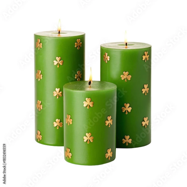 Obraz Green candles decorated with gold clovers for festive celebrations and ambiance enhancement