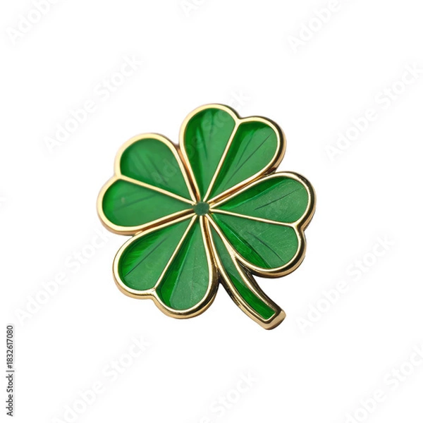Obraz Green four-leaf clover pin with gold outline symbolizing luck and prosperity. St. Patrick's Day