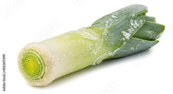 Obraz Fresh Leek with Crystalline Salt on White Background, Isolated Vegetable.