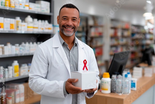 Obraz Male pharmacist wearing red ribbon for World AIDS Day