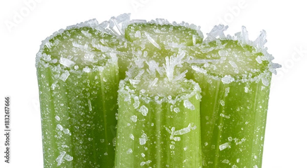 Obraz Close-up of Fresh Celery Stalks with Crystalline Salt Formation on White Background