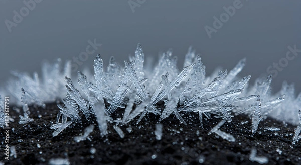 Obraz Delicate Ice Crystals on Dark Surface Close Up