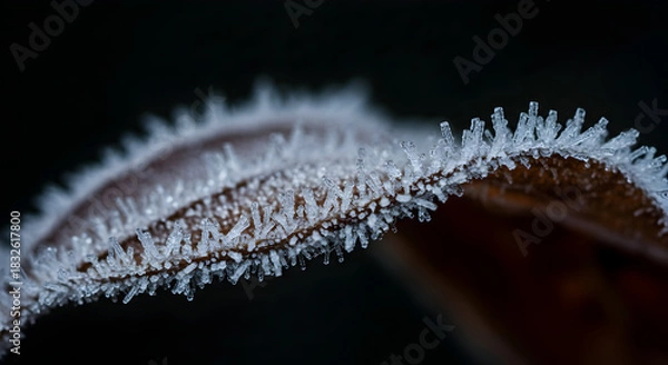 Obraz Intricate Frost Crystals Adorning a Leaf's Edge Against Dark Background