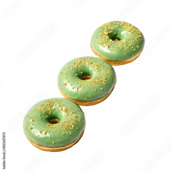 Obraz Three green glazed donuts with golden sprinkles arranged in a row on a white background