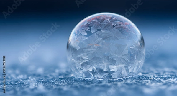 Obraz Intricate Ice Crystal Patterns on a Frozen Soap Bubble, Macro Photography
