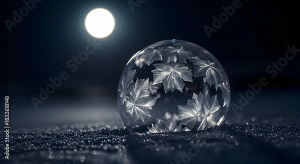 Obraz Frozen Soap Bubble with Intricate Ice Crystals Under Moonlight, Winter's Delicate Artistry