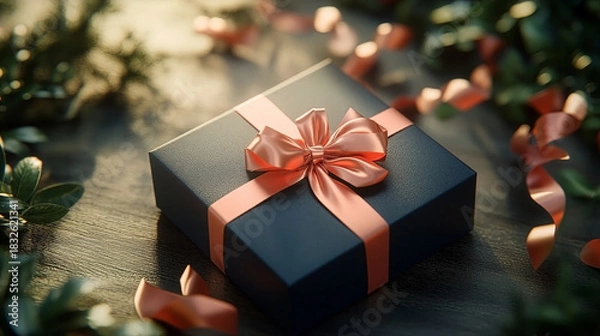 Fototapeta A luxurious dark navy blue gift box sits in the center of a wooden floor, decorated with a rose gold ribbon tied into a beautiful bow.