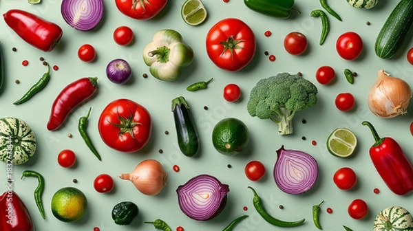 Fototapeta Vibrant assortment of fresh vegetables and herbs pattern on mint green background. Healthy eating concept.