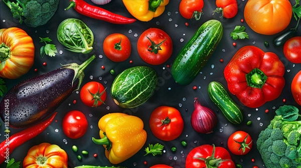Fototapeta Colorful fresh vegetables and herbs pattern on dark black fabric background. Healthy eating concept.