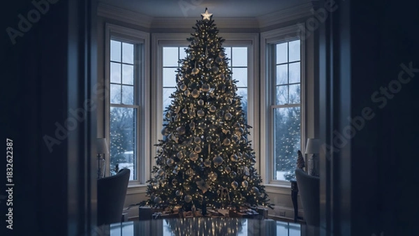 Obraz Tall Christmas tree in the middle between the windows of the house