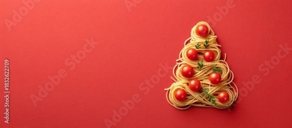 Obraz Spaghetti pasta forming a christmas tree on red background, copy space