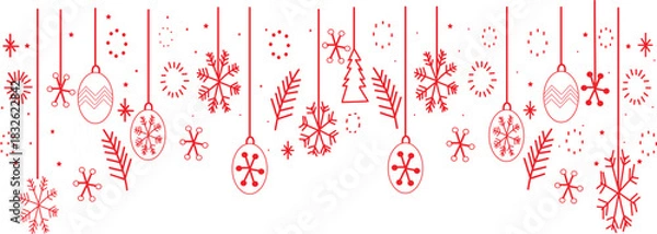 Fototapeta  Christmas or winter holiday-themed border or background. It features a pattern of hanging red and white elements, including stylized snowflakes, baubles, and pine needles. 