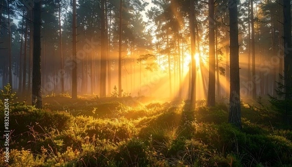 Fototapeta Sun rays stream through trees in a lush, green forest at dawn