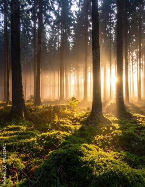 Fototapeta Sun rays stream through trees in a lush, green, mossy forest