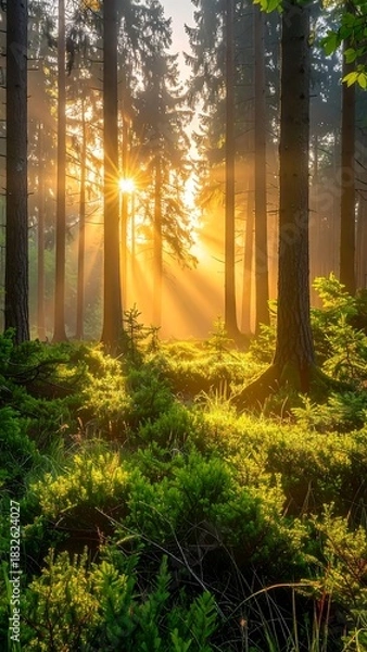 Fototapeta Sun rays stream through trees in a lush, green, sunlit forest