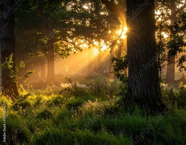 Fototapeta Sun rays stream through trees in a lush, green woodland