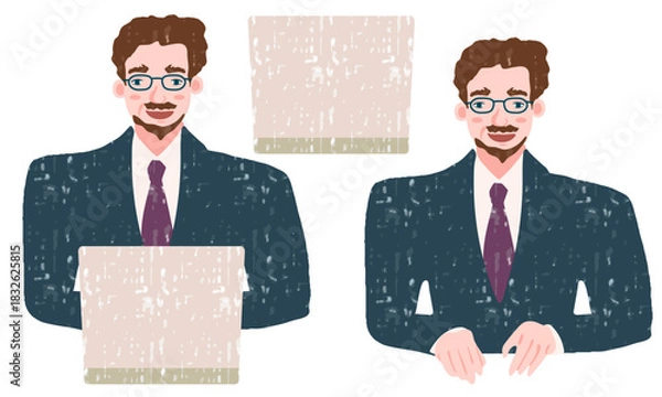 Fototapeta パソコン操作する男性の素材セット（背広や髪色など、一部のカラーは自作のパターンのテクスチャを使用しております。使用しているテクスチャは、aiデータにスウォッチ登録しています）。