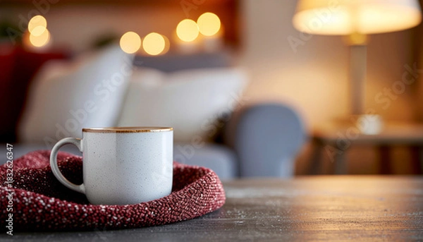 Fototapeta Cozy scene featuring a white mug on a red knitted scarf, with a blurred living room backdrop.