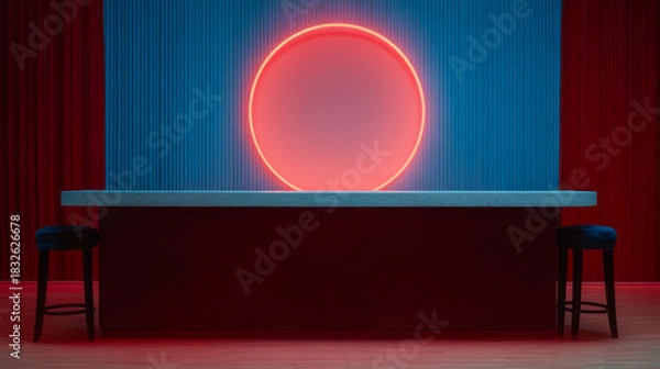 Fototapeta Modern bar scene with neon light in red and blue ambiance, perfect for evening gatherings and social events
