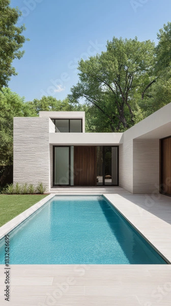 Fototapeta Modern house with sleek design and inviting pool surrounded by greenery in a sunny outdoor setting