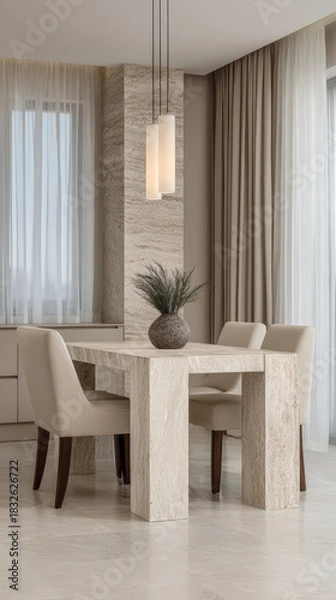 Fototapeta Modern dining area with elegant decor in a bright, spacious interior featuring a stone table and soft beige chairs