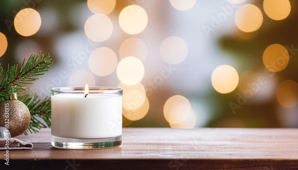 Fototapeta A lit white candle sits on a wooden surface with Christmas ornaments and a blurred, bokeh-lit background.