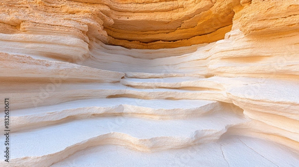 Obraz Soft layered sandstone cliffs with warm golden upper strata and smooth white ledge steps