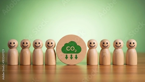 Obraz People figures uniting to lower carbon dioxide, supporting a green planet future.