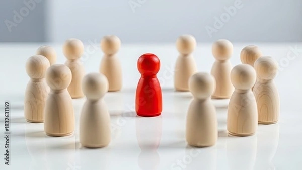 Obraz Unique red peg doll standing out in a circle of many wooden figures.