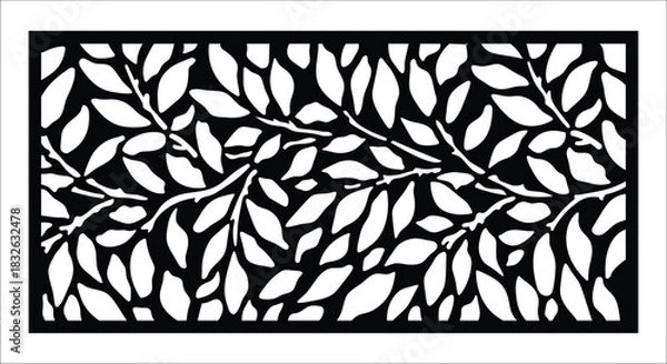 Fototapeta Decorative Rectangular Panel with Leaf and Branch Pattern Black and White organic