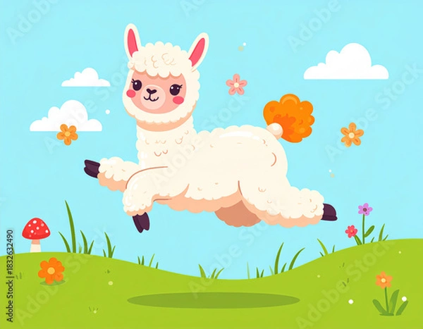 Obraz Jumping Alpaca Surprised by Mushroom Vector Art
