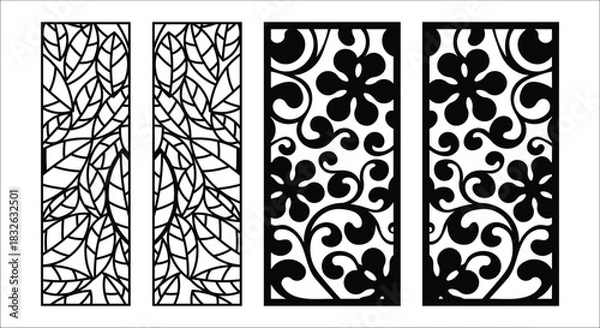 Fototapeta Black Silhouette Decorative Panels with Leaf and Floral Patterns Keywords: decorative panels