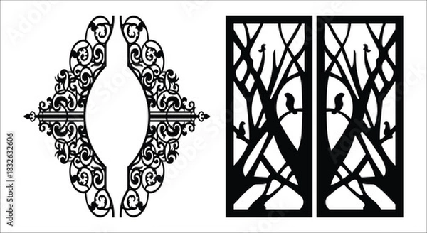 Fototapeta Black Ornate Decorative Frame and Two Vertical Panels with Birds border scrollwork