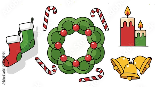 Obraz Vintage Holiday Ornament and Gift Set - Hand-Drawn Christmas Decorations and Present Icons Vector Collection