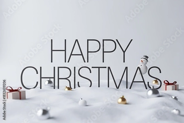 Fototapeta Happy Christmas wishes with festive snow, ornaments, snowman and gifts - sending warm holiday greetings and cheer to loved ones this joyous season