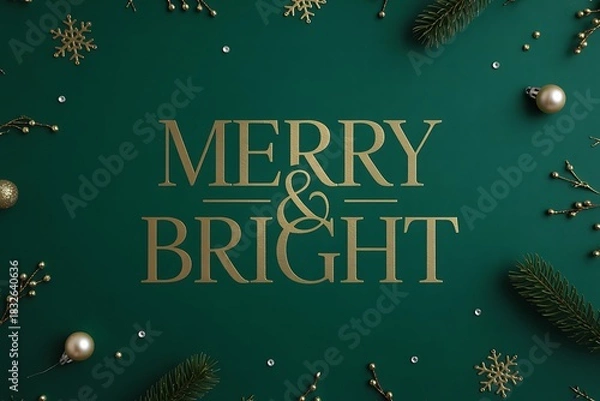 Fototapeta Elegant golden Merry and Bright message for modern holiday greeting cards and seasonal promotions on a rich green backdrop with festive ornaments & holiday greenery