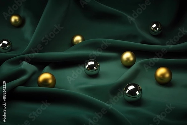 Fototapeta Elegant emerald green silk background with scattered gold and silver spheres creates a luxurious and sophisticated abstract design perfect for upscale branding