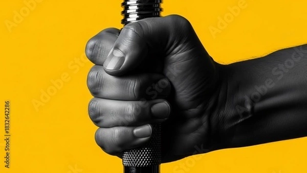 Fototapeta Close-up of a Tightly Clenched Fist Gripping a Barbell on Yellow Background