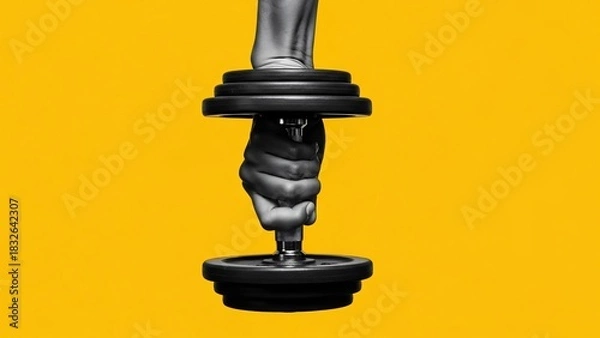 Fototapeta Close-up of a Hand Gripping a Dumbbell with a Foot on the Weights