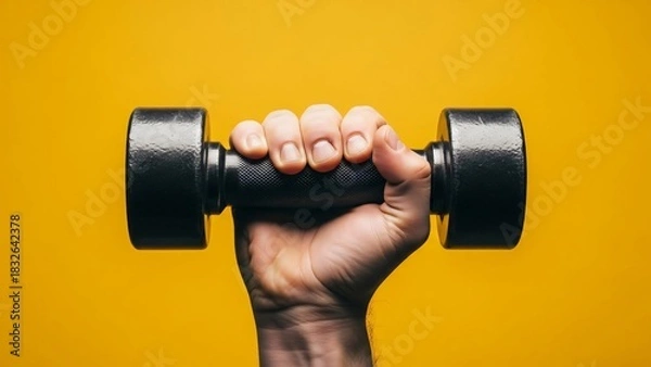 Fototapeta Hand Gripping a Black Dumbbell Against a Bright Yellow Background