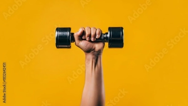 Fototapeta Hand Holding a Chrome Dumbbell Against a Vibrant Yellow Background