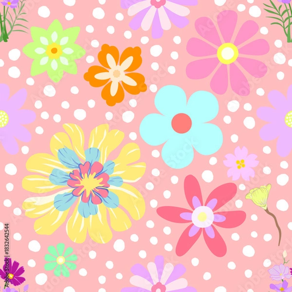 Fototapeta Cheerful floral pattern with colorful flower and white polka dot on pink background. Sweet seamless design for fabric, wallpaper, or wrapping paper, happy and vibrant repeat