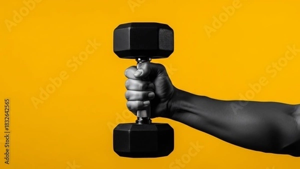 Fototapeta Close-up of Hand Gripping a Black Hexagonal Dumbbell Against Yellow Background