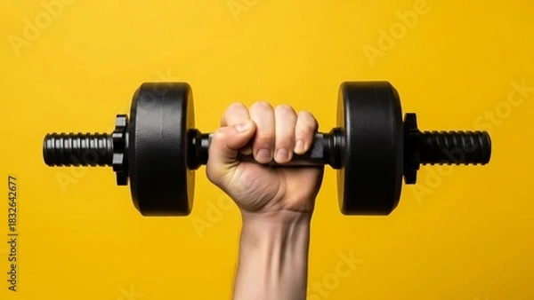 Fototapeta Hand Gripping a Black Dumbbell Against a Vibrant Yellow Background