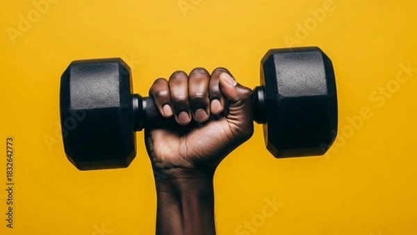 Fototapeta Strong Hand Gripping Black Hexagonal Dumbbell Against Bright Yellow Background
