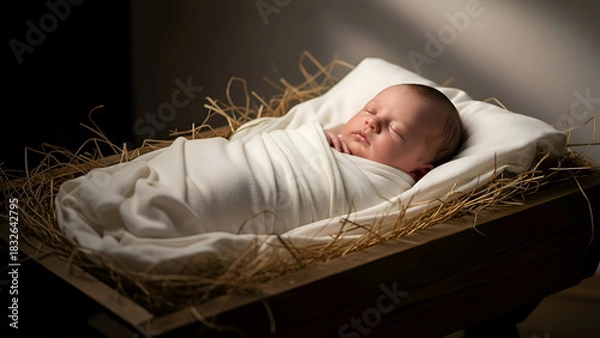 Obraz Newborn baby peacefully sleeps wrapped in white cloth inside wooden manger filled with straw, symbolizing the nativity scene and evoking a sense of peace and reverence.