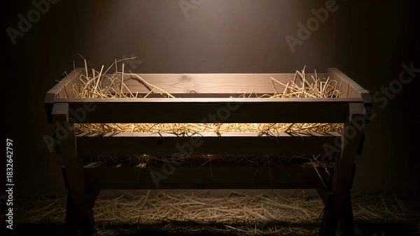 Obraz Empty wooden manger sits illuminated in dark stable awaiting baby Jesus on Christmas Eve, evoking peaceful anticipation.