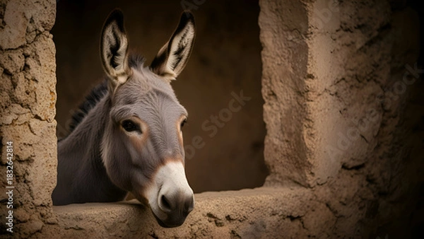 Obraz Donkey peers out from a stone window in an old building, showcasing its gentle face and curious expression in the warm light of the countryside.