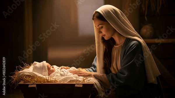 Obraz Mary lovingly gazes upon baby Jesus in a humble manger, bathed in soft light, symbolizing hope and the beginning of a new era.