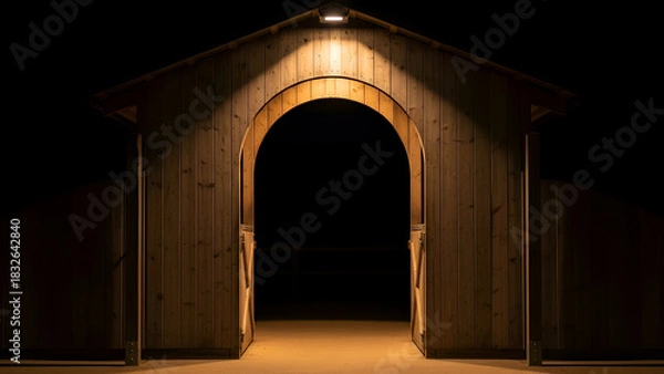 Obraz Wooden barn entrance glows warmly in the dark night, creating a mysterious and inviting atmosphere with its illuminated archway and rustic charm.